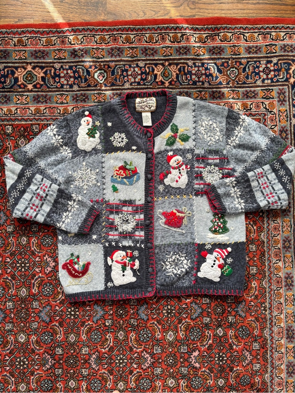 Vintage ‘03 Heirloom Collectibles Knit Patchwork Christmas Winter Cardigan L